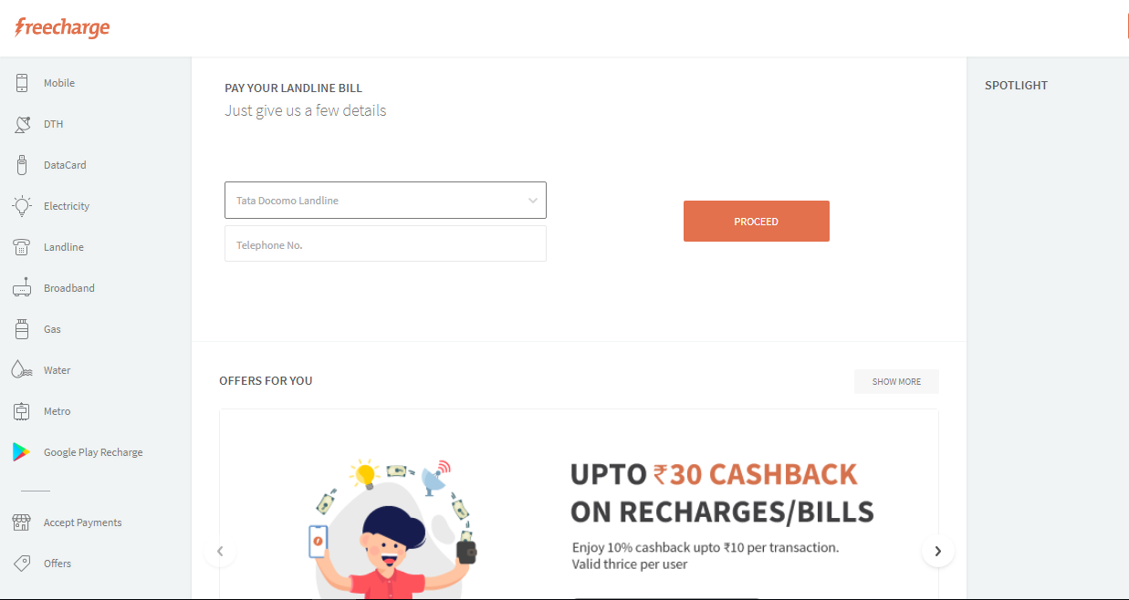 TATA Docomo Fixed Line Bill on Freecharge