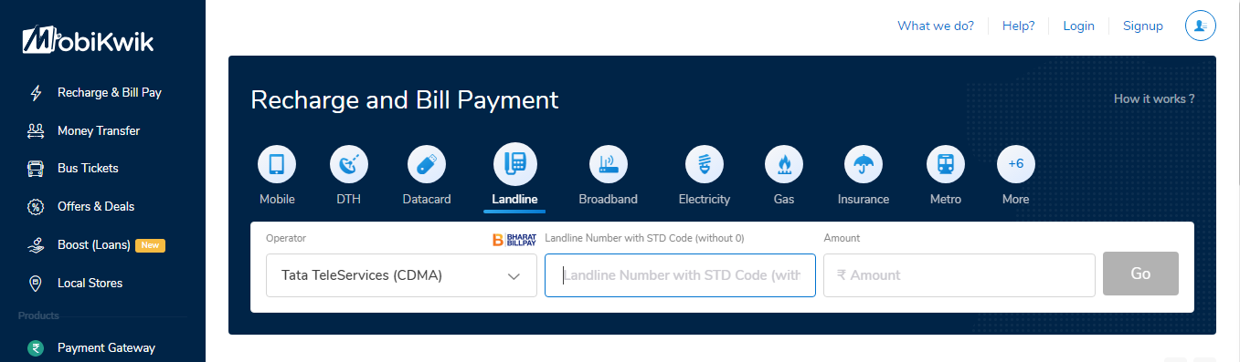 TATA Docomo Fixed Line Bill on Mobikwik