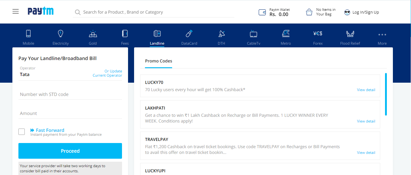 TATA Docomo Fixed Line Bill on Paytm