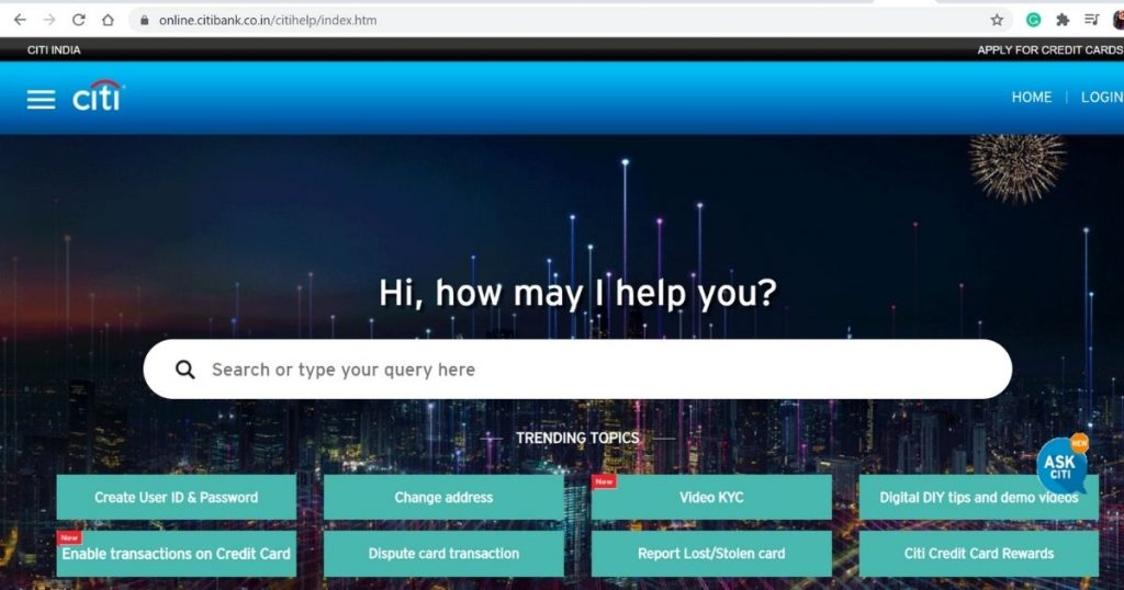 Citibank Help Centre Page