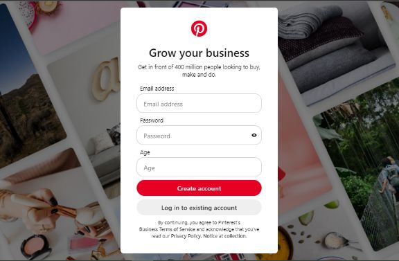 Pinterest business account signup page