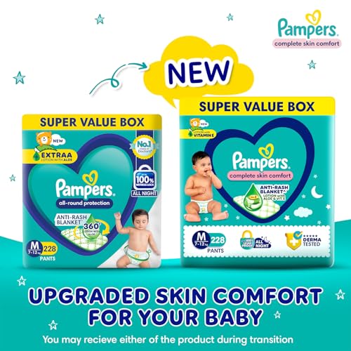 Pampers All Round Protection Pant Style Baby Diapers, Medium (M), 228 Count