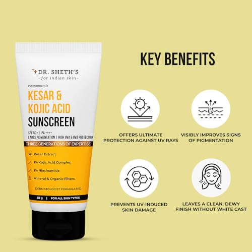 Dr. Sheth's Kesar & Kojic Acid Sunscreen For All Skin Types Spf 50 Pa++++ For Pigtation-Free Skin