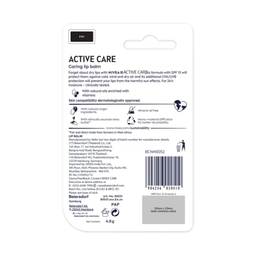 Nivea Men Active Care Lip Balm, 24 H Melt In Moisture Formula Natural Oils Nourished Lips