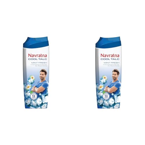 Navratna Cool Mint Fresh Talc Instant Sweat Absorption and Cooling Effect Long Lasting Freshness and Fragrance, Pack of 2