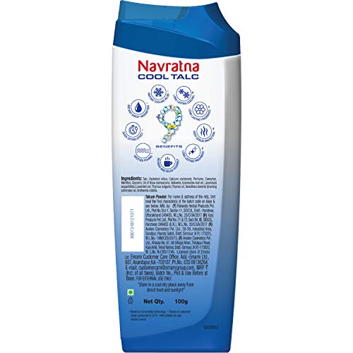 Navratna Cool Mint Fresh Talc Instant Sweat Absorption and Cooling Effect Long Lasting Freshness and Fragrance, Pack of 2