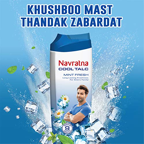 Navratna Cool Mint Fresh Talc Instant Sweat Absorption and Cooling Effect Long Lasting Freshness and Fragrance, Pack of 2
