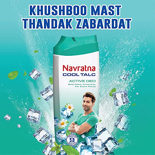 Navratna Cool Talc Active Deo, Talcum Powder, Body Odour Protection & Strong Cooling Effect