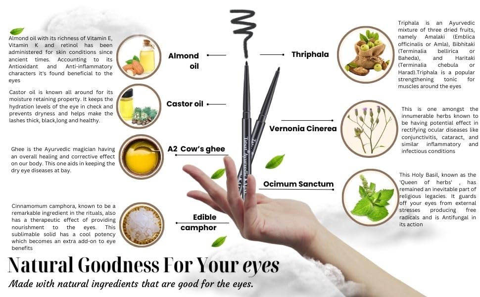 TATSAT-100% Natural Ayurvedic Herbal Lead Free Kajal Pencil with CHAKSHUSHYA herbs, Black