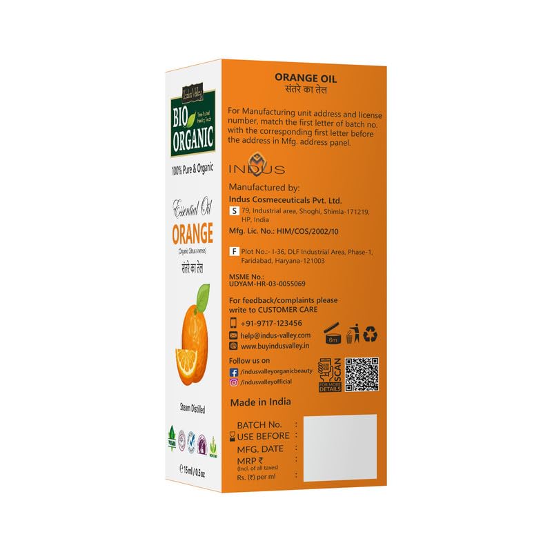Indus Valley 100% Pure Natural & Organic, Undiluted Orange Essential Oil with Therapeutic Grade & Glass Dropper for Skin, Hair Care