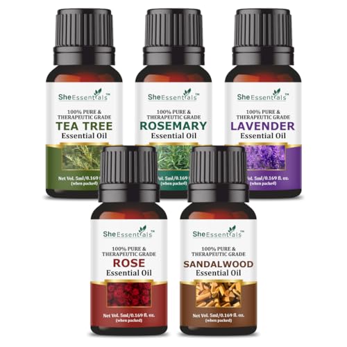 She Essentials Tea Tree, Rosemary, Lavender, Rose & Sandalwood Essential Oils For Skin, Face, Hair & Aromatherapy, Pack of 5