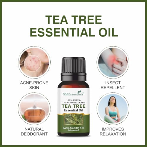 She Essentials Tea Tree, Rosemary, Lavender, Rose & Sandalwood Essential Oils For Skin, Face, Hair & Aromatherapy, Pack of 5