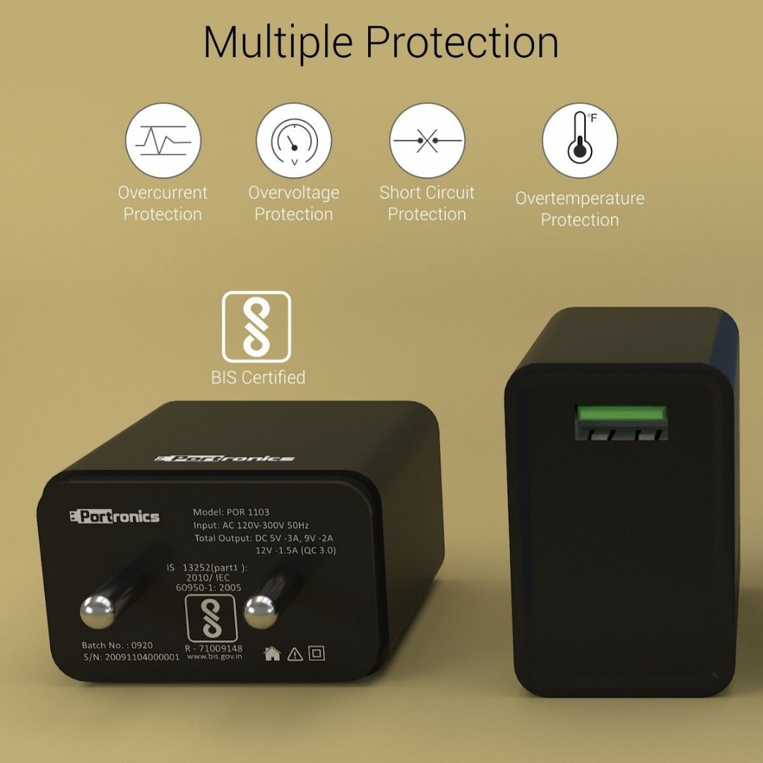 Portronics 18 W Quick Charge 3 A Wall Charger for Mobile with Detachable Cable