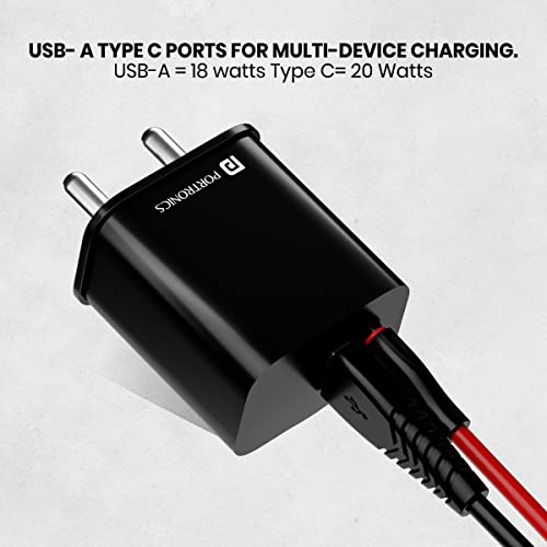 Portronics 20W Adapto 20B Dual Port (Type C PD & USB-A) Fast Charging Adaptor