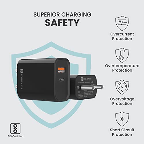 Portronics Adapto 45 22.5 W Mobile Charger Adapter with Dual Port (USB A + PD Type C), Fast Charging, Short Circuit Protection, Wide Compatibility
