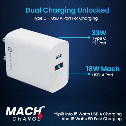 Portronics Adapto 70 33W Fast Charger Adapter with Dual Output (USB + Type C)