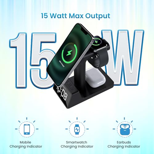Portronics Bella 2 3 in 1 15W Magnetic Wireless Charging Station with Digital Alarm Clock, Compatible with iPhone Series, iWatches and AirPods