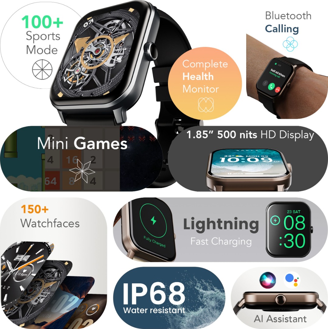Boult Drift+ Bluetooth Calling, 1.85" HD, 500Nits Brightness, 150+ Watchfaces, SpO2 Smartwatch