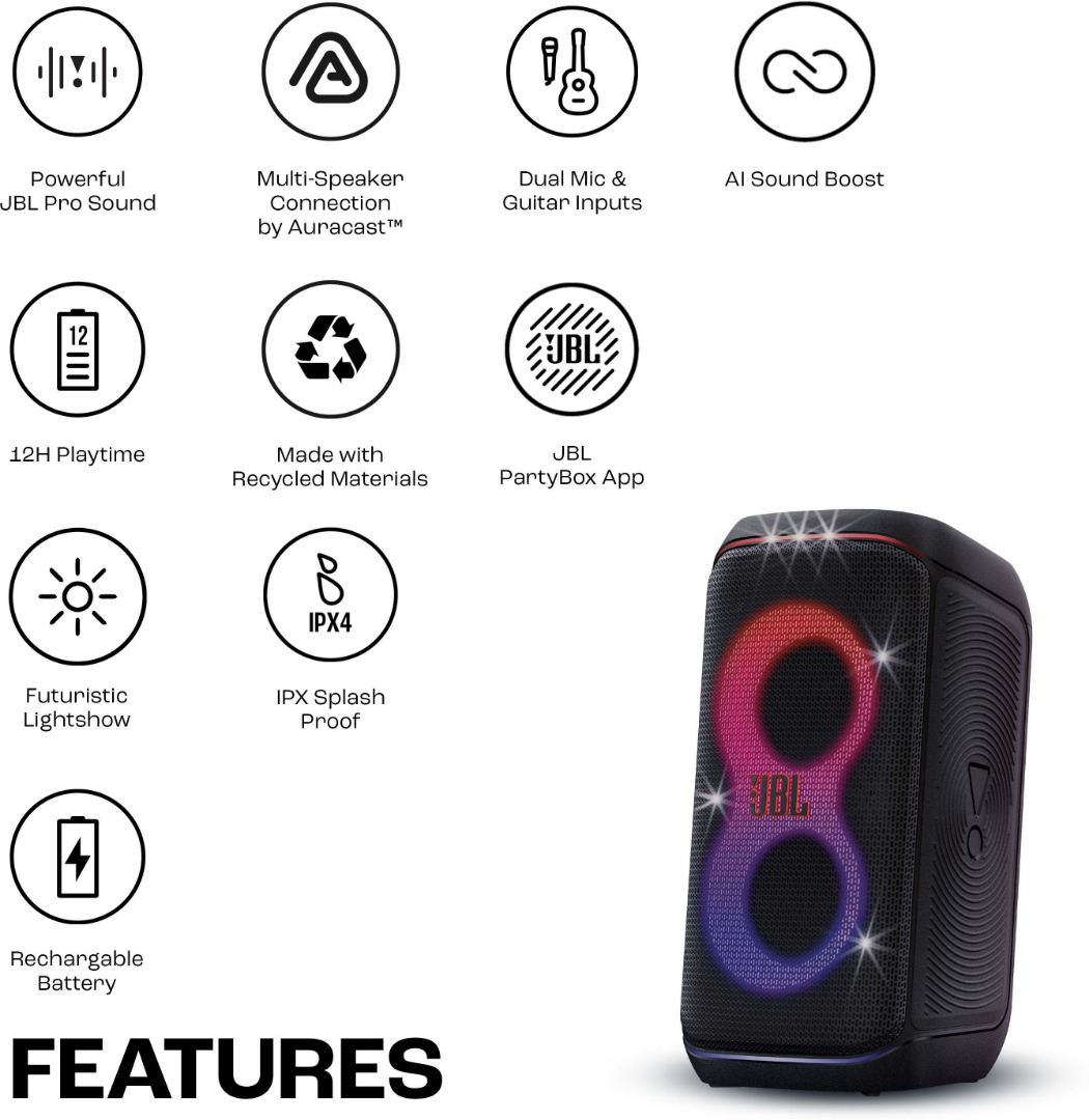 JBL Partybox 120, AI Sound Boost, Futuristic Light Show, Upto 12Hrs Playtime 160 W Bluetooth Party Speaker