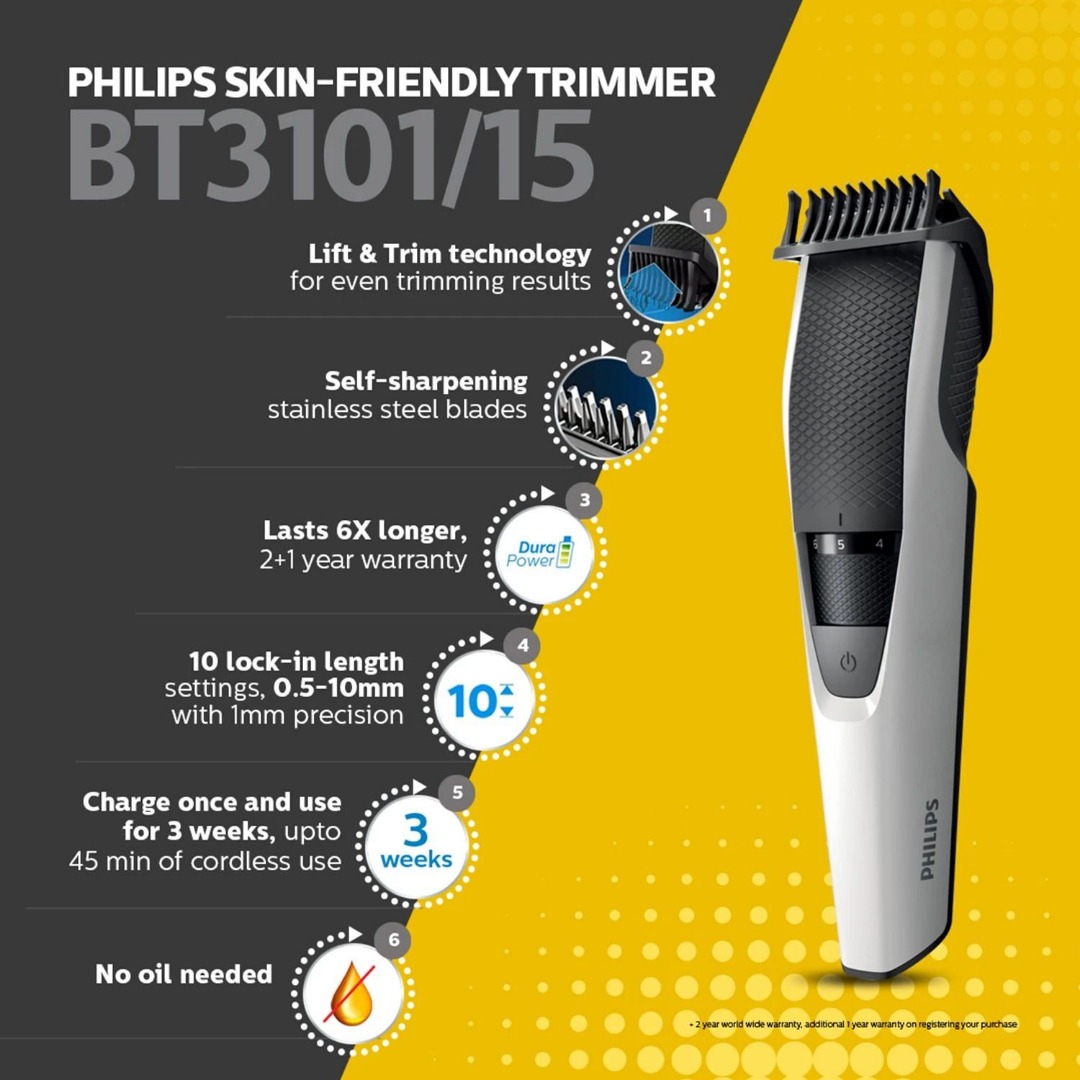 PHILIPS BT3101/15 Trimmer 45 min  Runtime 10 Length Settings