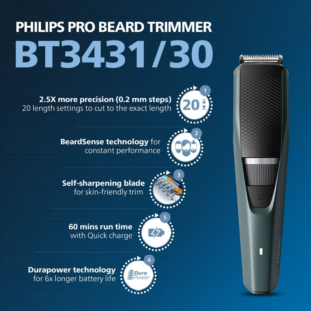 PHILIPS BT3431/30 Trimmer 60 min  Runtime 20 Length Settings
