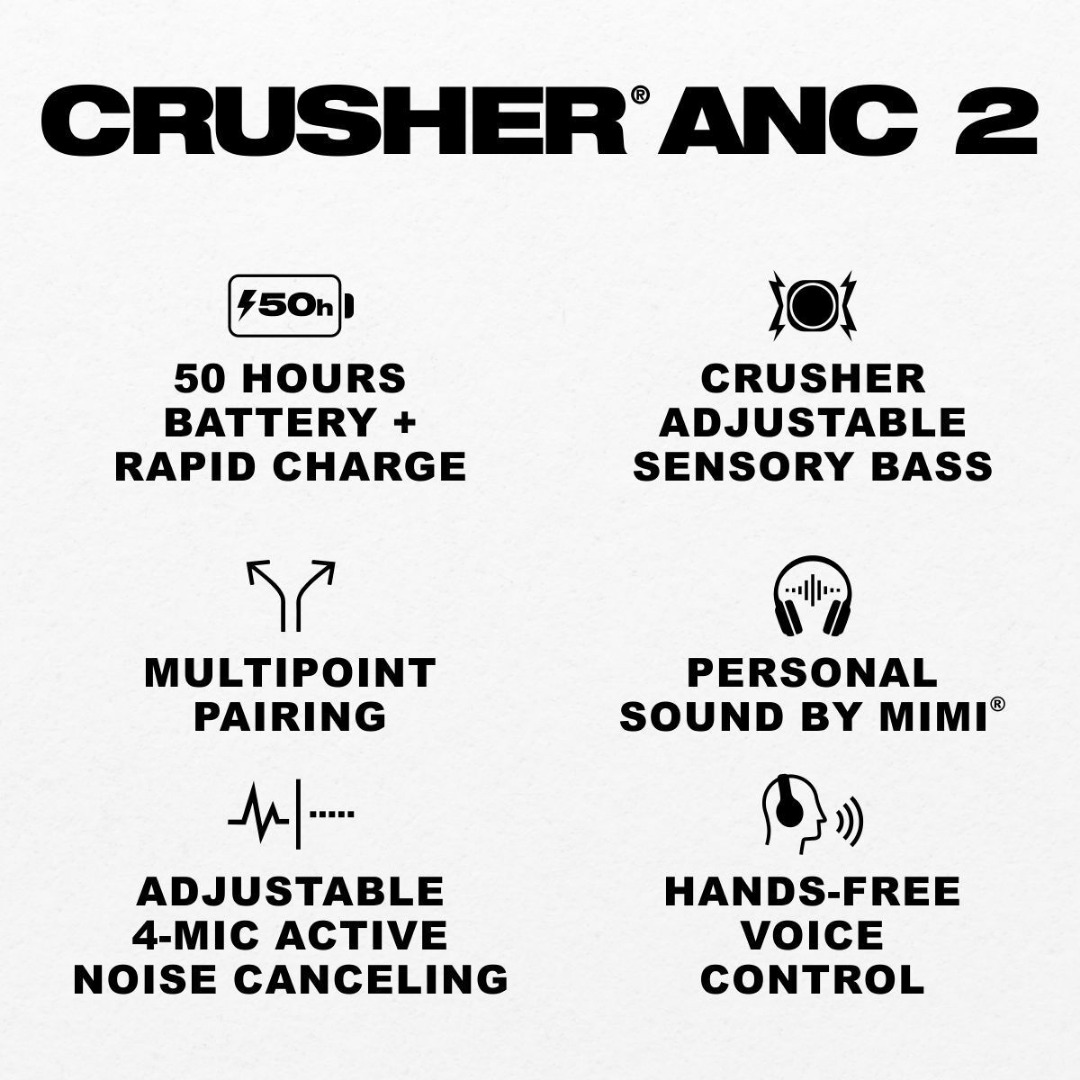Skullcandy Crusher ANC 2 Noise Cancelling Wireless Headphones,50 Hr Battery, Alexa Enabled Bluetooth & Wired