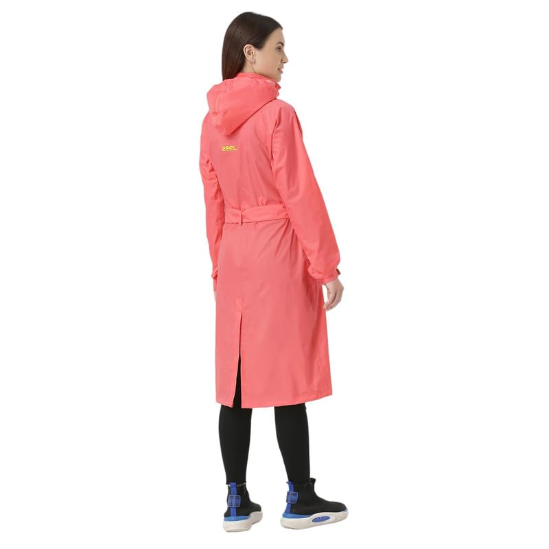 ZEEL Rain Coat for Women Waterproof High Neck Polyester Rainwear with Adjustable Drawstring and Pocket, Hooded Long Rain Coat Jacket with Belt