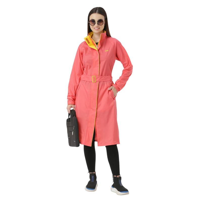 ZEEL Rain Coat for Women Waterproof High Neck Polyester Rainwear with Adjustable Drawstring and Pocket, Hooded Long Rain Coat Jacket with Belt