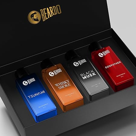 Beardo Perfumes Giftset For Men Whisky Smoke, Godfather, Tsunami and Black Musk, Pack of 4