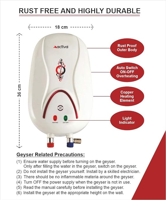 Activa 1L 3000W Anti Rust Coated Tank Wall Geyser with Full ABS Body Hotmak