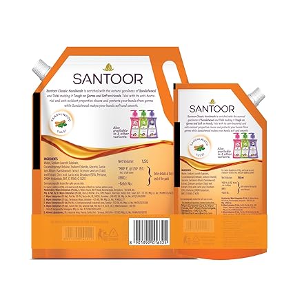 Santoor Classic Gentle Hand Wash with Natural Goodness of Sandalwood & Tulsi Soothes & Hydrates Skin