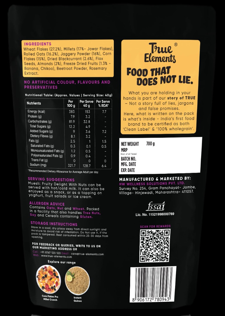 True Elements Fruity Muesli with Real Freeze-Dried Fruits - 700g