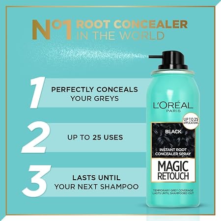 Loreal Paris Instant Root Concealer Spray, Ideal for Touching Up Grey Root Regrowth, Magic Retouch, 1 Black