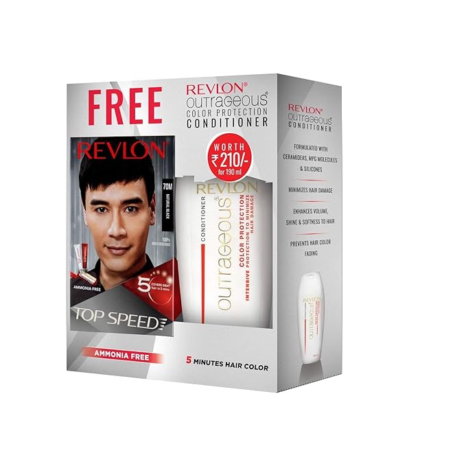 Revlon Top Speed Hair Color for Men, Natural Black 70M and Outrageous Color Protection Conditioner