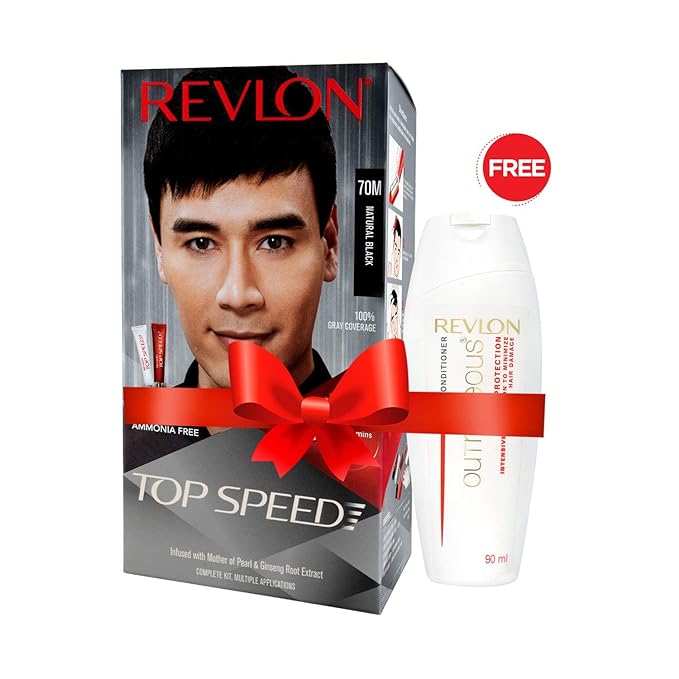 Revlon Top Speed Hair Color for Men, Natural Black 70M and Outrageous Color Protection Conditioner