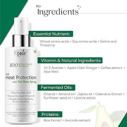 Ktein 100% Plant Based Hair Heat Protection Spray with EXTRA SHINE, Chamomile, Argan and Vitamin E