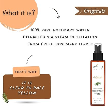 Mystiq Living Rosemary Water for Hair Growth, Mist Spray Steam Distilled 100% Pure and Natural Hydrosol