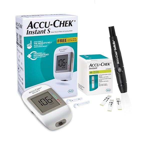 Accu-Chek Instant S Blood Glucose Glucometer Kit with Vial of 10 Strips, 10 Lancets and a Lancing device