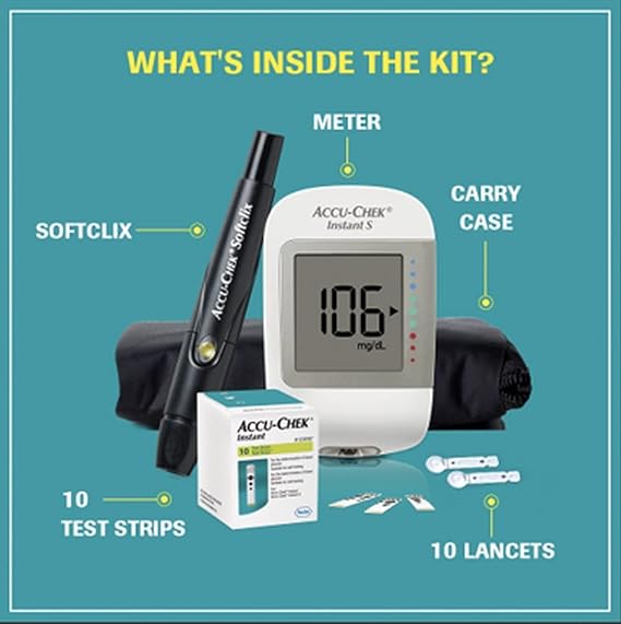 Accu-Chek Instant S Blood Glucose Glucometer Kit with Vial of 10 Strips, 10 Lancets and a Lancing device