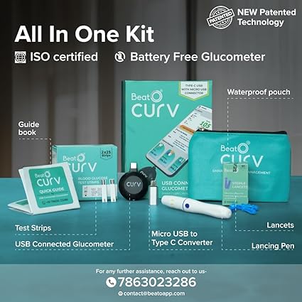BeatO CURV Smartphone Connected Glucometer Machine With 50 Strips & 50 Lancets