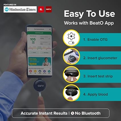 BeatO CURV Smartphone Connected Glucometer Machine With 50 Strips & 50 Lancets