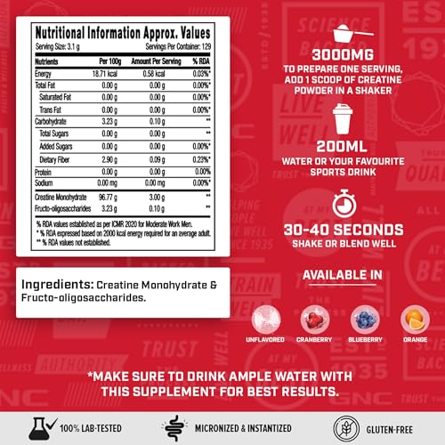 GNC Pro Performance Creatine Monohydrate Boosts Athletic Performance - 129 Servings, Unflavoured