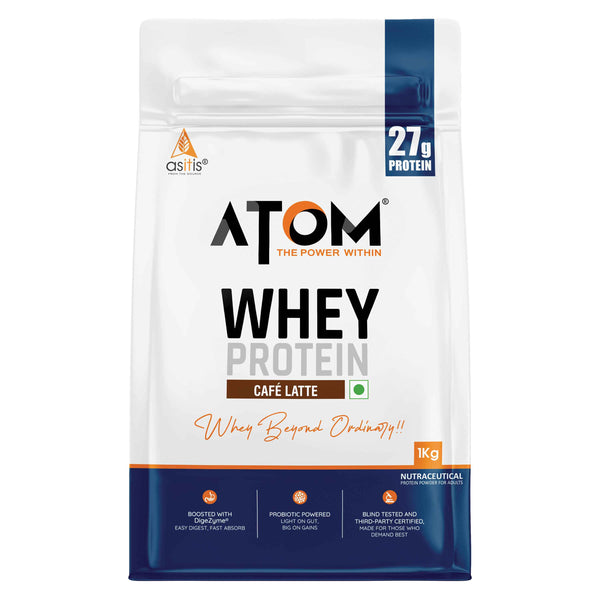 AS-IT-IS ATOM Whey Protein | Isolate & Concentrate Blend | 27g Protein per 36g Scoop | Digestive Enzymes | Muscle Growth | Cafe Latte
