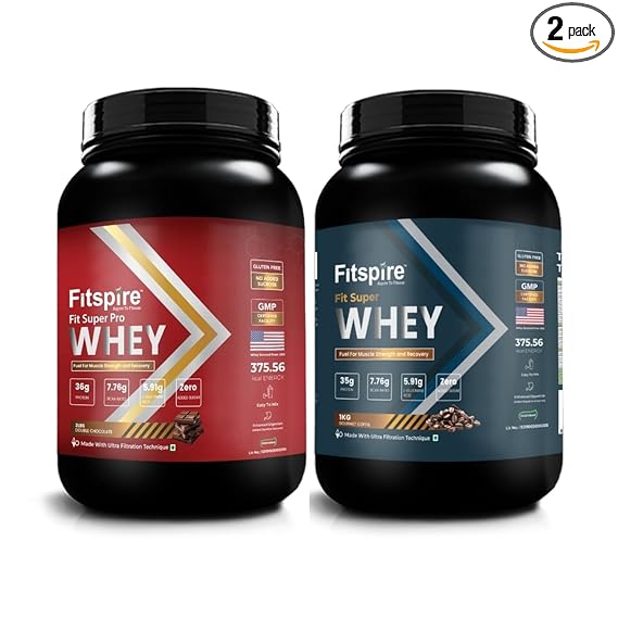 Fitspire Fit Super Pro & Super Whey Protein, 100% Authentic & No Adulteration, Muscle Growth & Recovery (Double Chocolate & Gourmet Coffee)