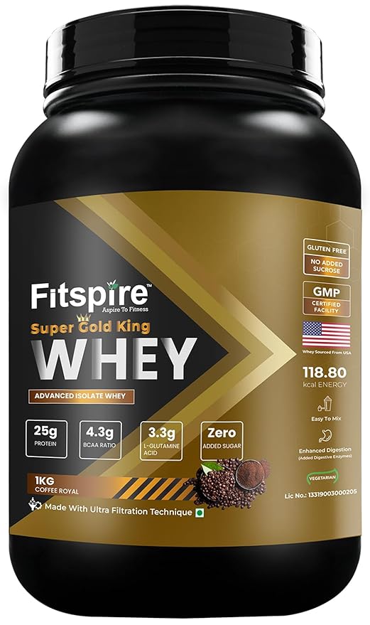 Fitspire Super King Gold Whey Isolate, 25Gm Of Protein, Free Blender, Royal Coffee