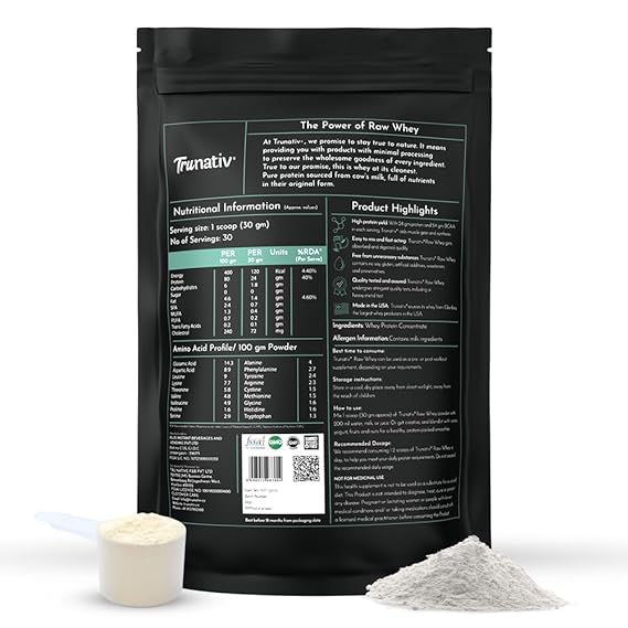 TruNativ Raw Whey Protein Concentrate Powder for Muscle Support & Recovery, 24 gm Protein, 5 gm BCAA,Unflavoured