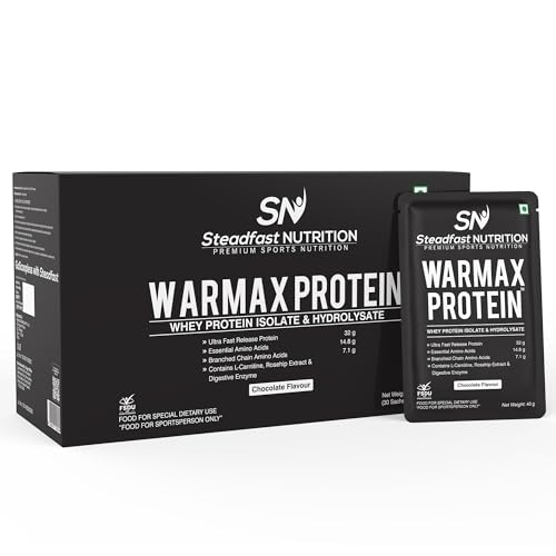Steadfast Nutrition Warmax Whey Isolate & Hydrolysate Protein Powder, 32g Protein with L-Carnitine, EAAs, BCAAs and Rose Hip Extract , Chocolate, 30 sachets