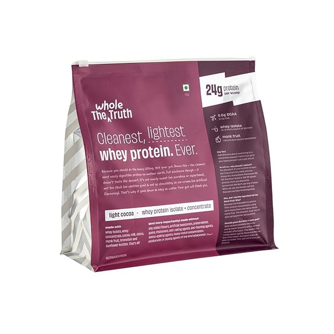 The Whole Truth Whey Protein Isolate+Concentrate, 28 Serving, 24g Protein, Light Cocoa Flavour