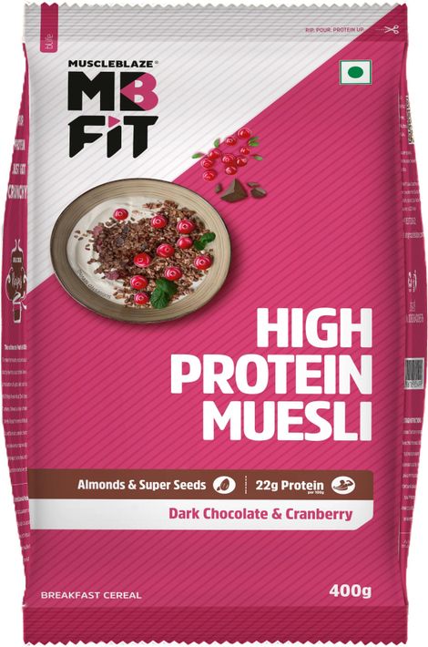 MuscleBlaze High Protein Muesli | 19g Protein | Superseeds | Raisins and Almonds | Dark Chocolate Cranberry