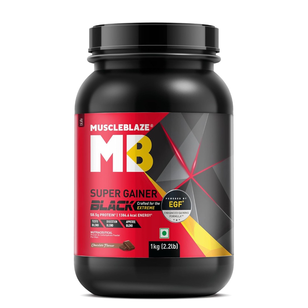 MuscleBlaze Super Gainer Black | EGF | Muscle Mass Gain | Chocolate